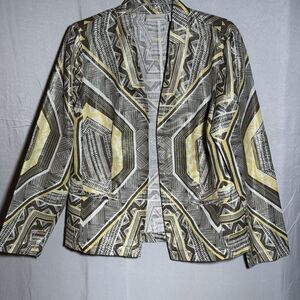 Chicos Blazer Size 1 Medium Geometric Print Metallic Gold Open Front Jacket Care